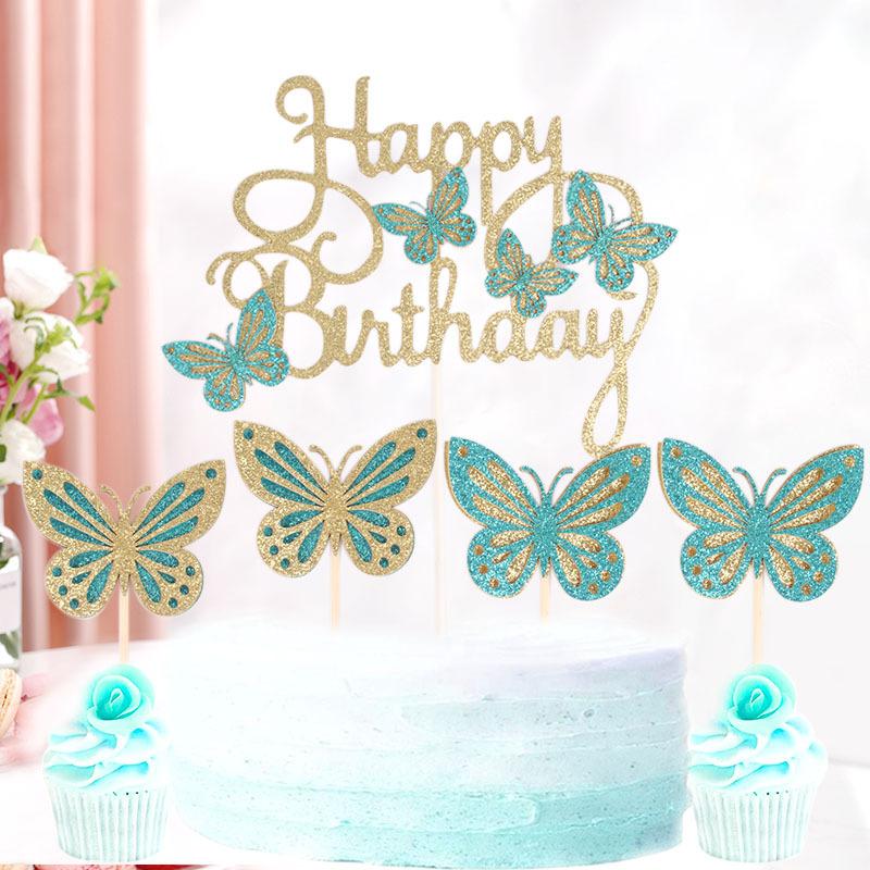 13Pcs Pink Butterfly Happy Birthday Cake Topper Kids Girl 1st Birthday Party Cake Decoration Dessert Cupcake Topper Supplies