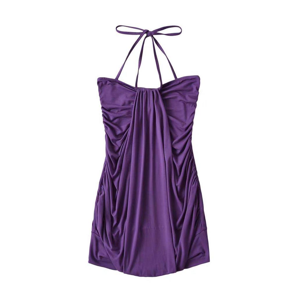 Purple Charm Halter Dress: Light Luxury, Spicy, Body-Hugging, Lantern Sleeves, Strapless One-Piece