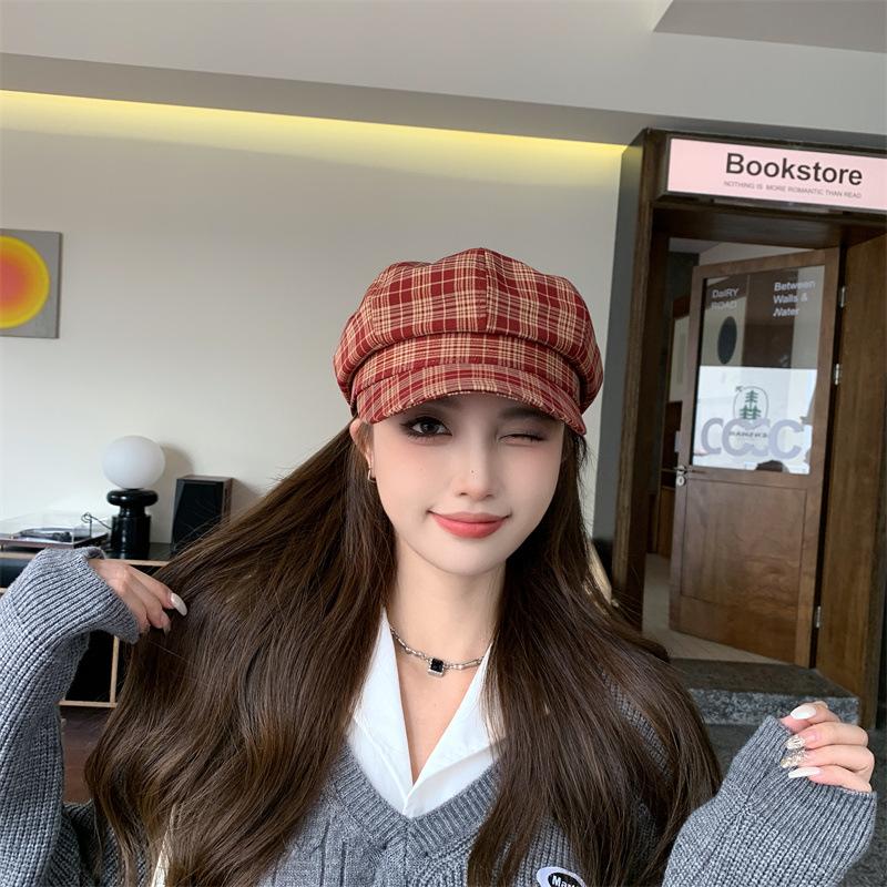 Korean New Hat Women's Autumn and Winter Plaid Octagonal Hat Fashionable Temperament Newsboy Hat Versatile Casual Peaked Hat