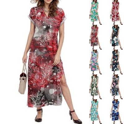 Damen Maxikleid mit Blumenmuster, lässig, V-Ausschnitt, langes Hemdkleid, lockerer Schlitz, Urlaubskleid mit kurzen Ärmeln
