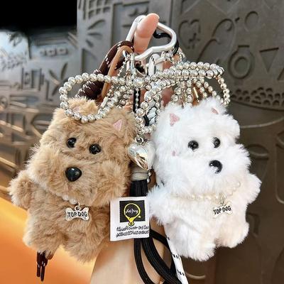 Creative Cute Plush Puppy Bag Pendant Keychain Cute Pearl Chain Bow Puppy Keychain Wholesale