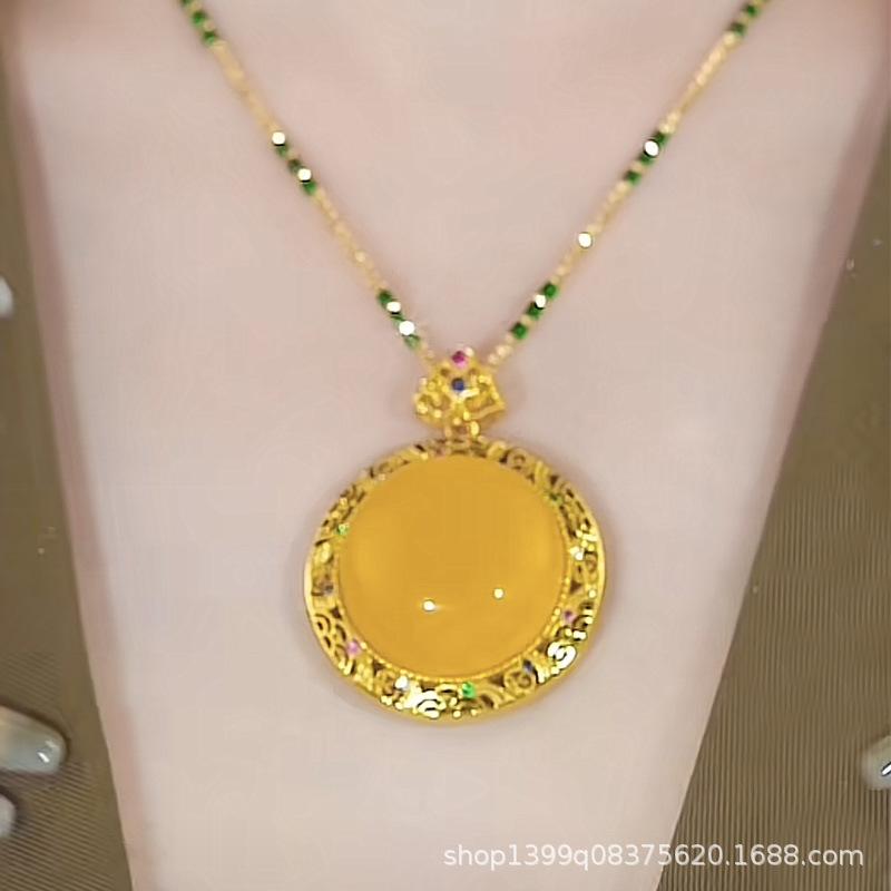 Iridescent Amber Cloisonné Enamel Pendant Necklace - Autumn Winter Landscape Accessory