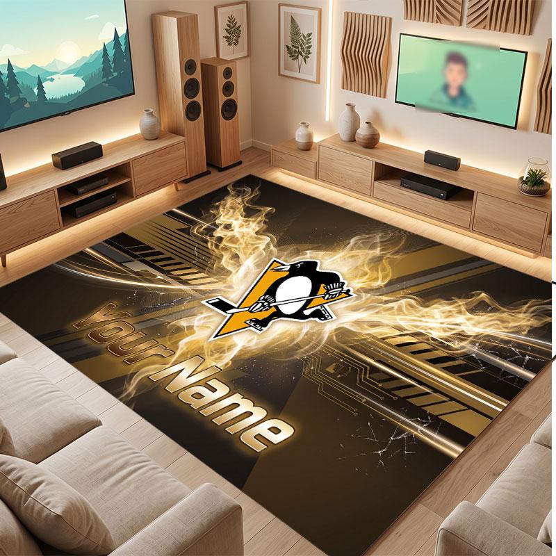 Pittsburgh Penguins Personalized Crystal Velvet Carpet, Customized Name Text Soft Anti‑Slip Rug for Living Room Bedroom