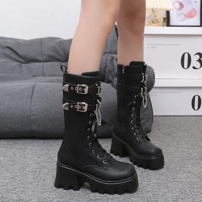 Fashion Women Black Goth Boots Spring Autumn Shoes Chunky High Heels Punk Lace Up Mid Calf Motorcycle Boots Wedges Platform Botas Mujer