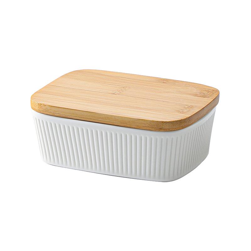 Nordic Vertical Pattern Butter Box Rectangular Sealed Butter Box Wooden Lid Fresh-keeping Cheese Box Kitchen Butter Plates