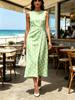 Round Neck Sleeveless Midi Dress with White Polka Dot Print On Light Green Fabric Modern Elegant Casual Fashionable Womens Clothing for Spring Summer
