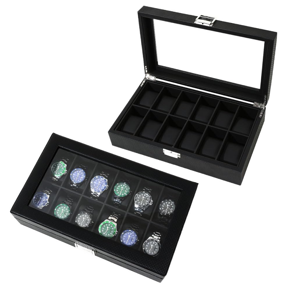 

[Smary] Watch Case, Holds 12 Watches, with Dividers, Cushioned, Solar-Powered Watch Compatible, Glass Top, Black
