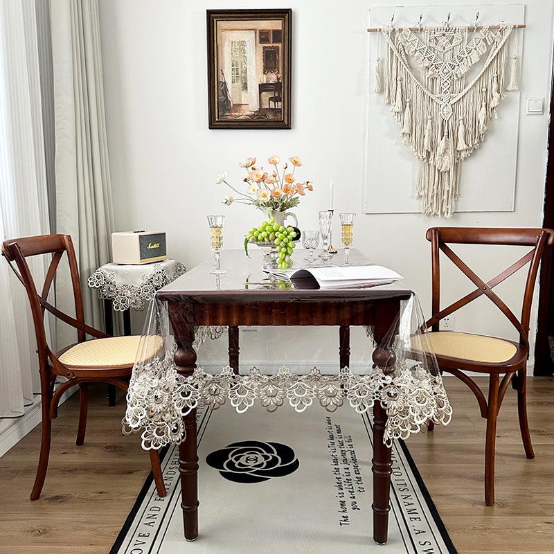 PVC Waterproof Transparent Dining Table Cover Oil-proof Heat-resistant Rectangle Table Cloth Lace Edge Coffee Table Tablecloth