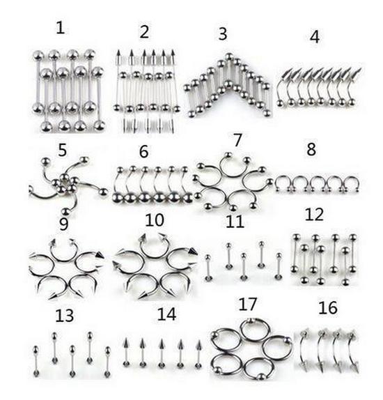 

Набор украшений для пирсинга из нержавеющей стали, 85 предметов: Серьги для носа, ушей, языка, бровей 10 pieces/pack