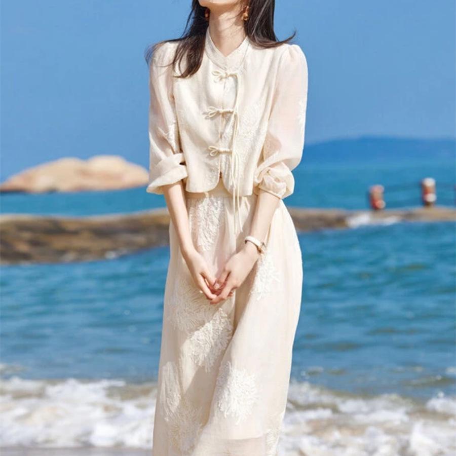 Embroidered Cheongsam Style Top and Skirt Set - Chinese Stand Collar, Button-Up, Two-Piece Spring/Summer Outfit