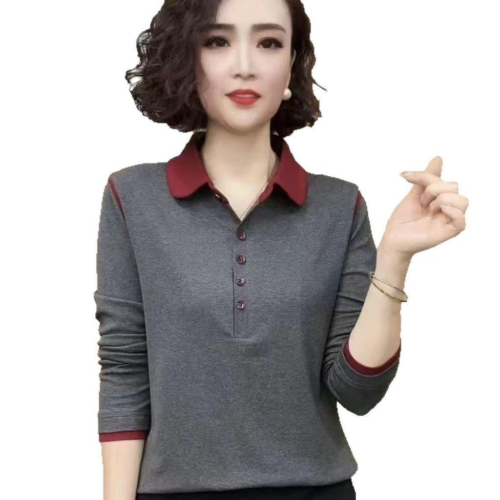 Spring and Autumn Women's Polo Collar Long Sleeve Shirt Color Block Age-Reducing Versatile Base