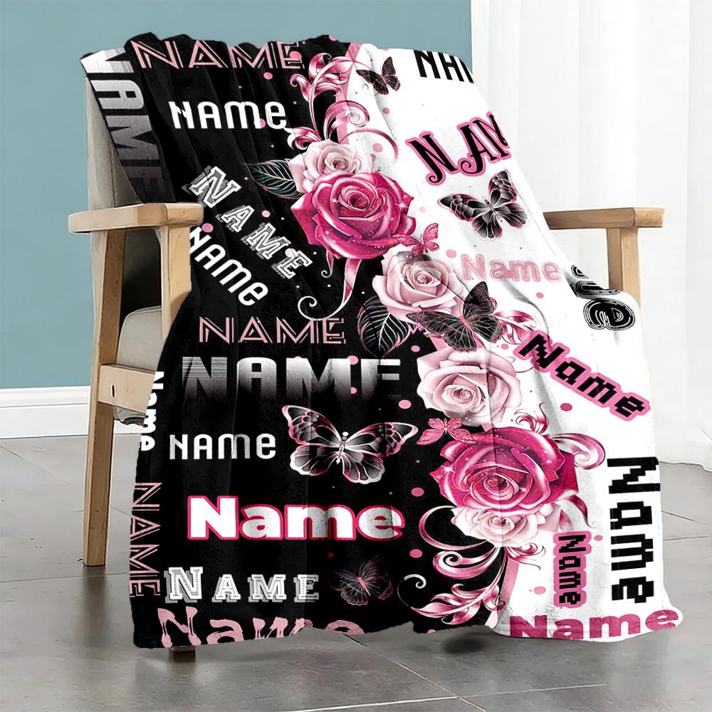 Name Rose Butterfly Customize Text Blanket Cozy Personalized Blanket Durable Comfort Suitable for Office Bed Living Room Picnics for All Occasions