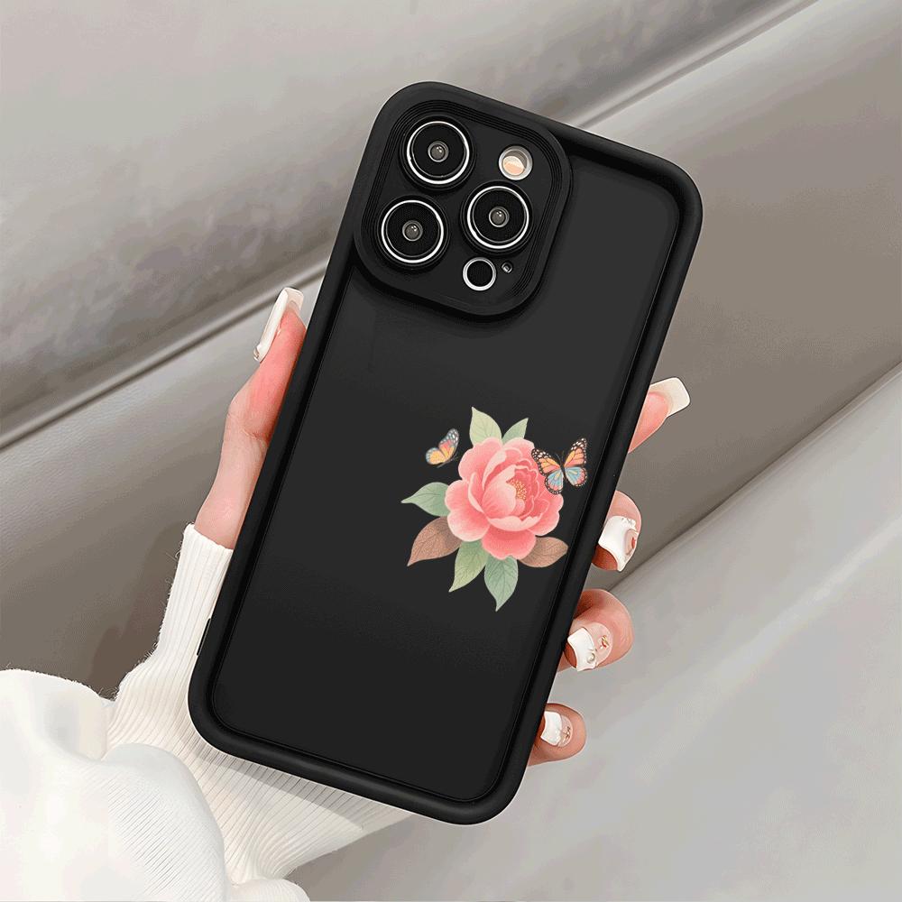 Pink Flower & Butterflies on Side Soft TPU Phone Case for iPhone 16 15 14 13 12 11 Pro Max Plus Shockproof Anti-Slip Cover