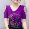 New European V-Neck Women Bling Flower Butterfly T-Shirt Streetwear Hot Diamonds Tees Summer Short Sleeve Slim Tops