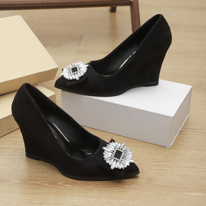 New pointed square buckle rhinestone black high heels women's fine heel temperament versatile single shoes shallow mouth