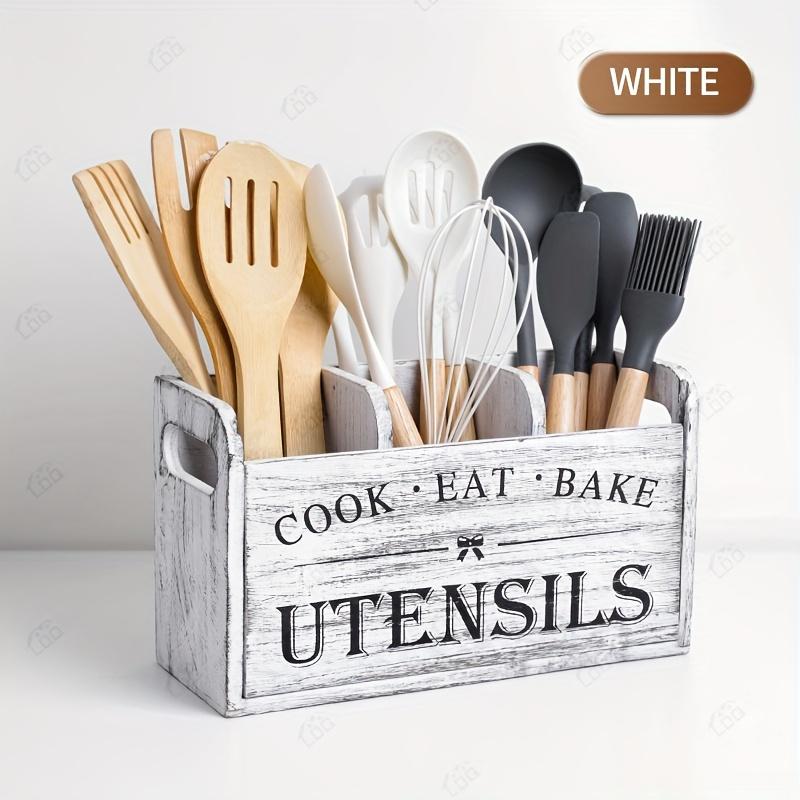 1pc Rustic Wooden Kitchen Utensil Holder - 3-Compartment Countertop & Wall-Mounted Organizer for Forks, More - Space-Saving