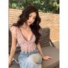 Women's Pink Lace V-Neck Crop Top Ruffle Short Sleeve Sheer Casual Fashion Blouse
