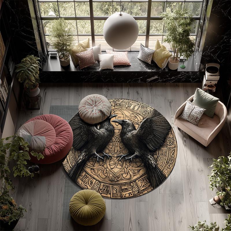 Two Crows with Runes,Round Area Rug,Carpet Rug for Living Room Bedroom Sofa Playroom Decor,Non-slip Floor Mat