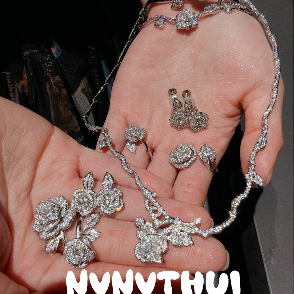 Bracelet Fleur Gemme Amour Lumineux, Ensemble Bague Bracelet Zircon Multicoupes Plaqué Or 18K Rose Scintillant Diamant