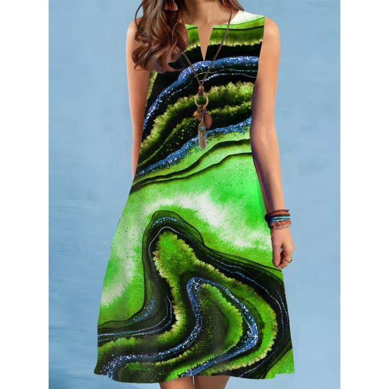 Summer Print A-Line Dress Women Casual Sexy Sleeveless V-neck Loose Mini Dress Elegant Landscape Oil Painting Dress Vestidos