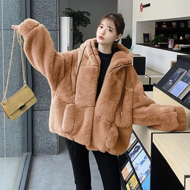 Autumn and winter new imitation fur jacket female Rex rabbit hair imitation fur hooded plush jacket loose warm and fashionable