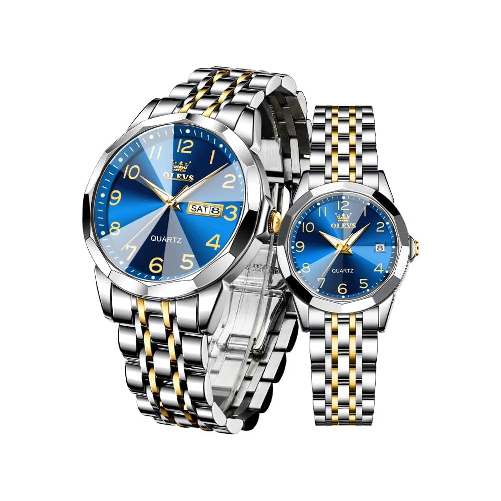 OLEVS Couple Quartz Watches Stainless Steel Waterproof Analog Date Night Glow White Dial