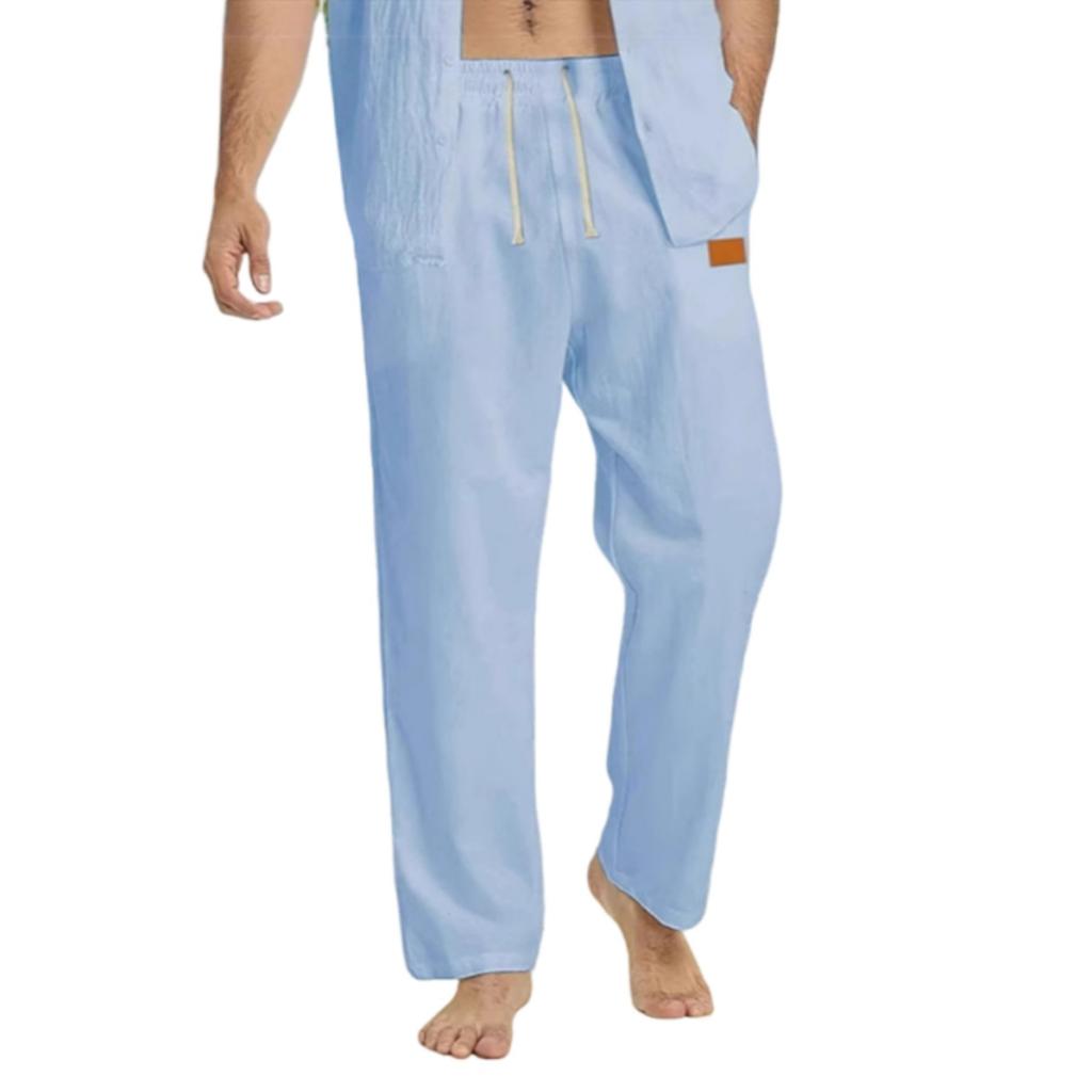 Men's Linen-Cotton Drawstring Beach Pants, Straight Leg Loose Fit Casual Trousers