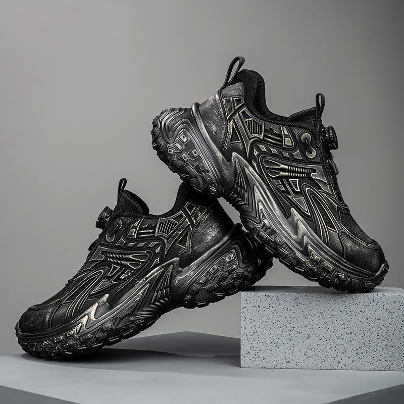 Scarpe da ginnastica traspiranti in rete stile papà, colore nero, stile mecha scuro, con rialzo, scarpe casual con lacci, scarpe con rialzo a suola spessa