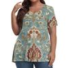 Women's Fashion Casual V-Neck Pullover Short Sleeve Large Size Vintage Printed Top