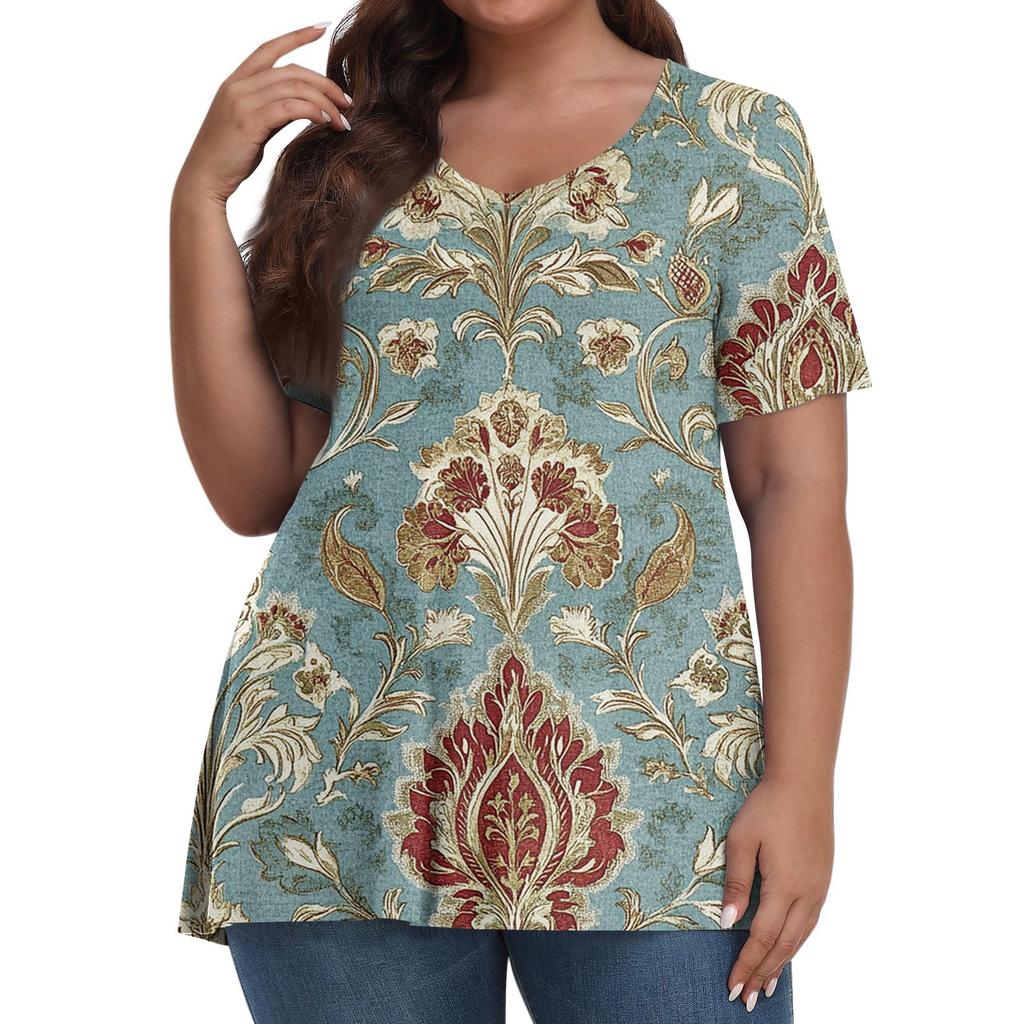 Women's Fashion Casual V-Neck Pullover Short Sleeve Large Size Vintage Printed Top