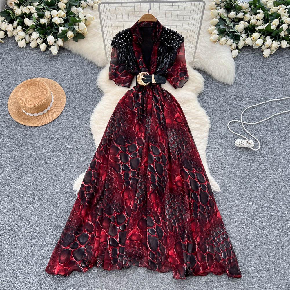 

Women Dress Long Dresses A Line Print Streetwear V Neck Short Sleeve Elegant Splice Y2k Tight Waist Party Night Work Dresses L червоний