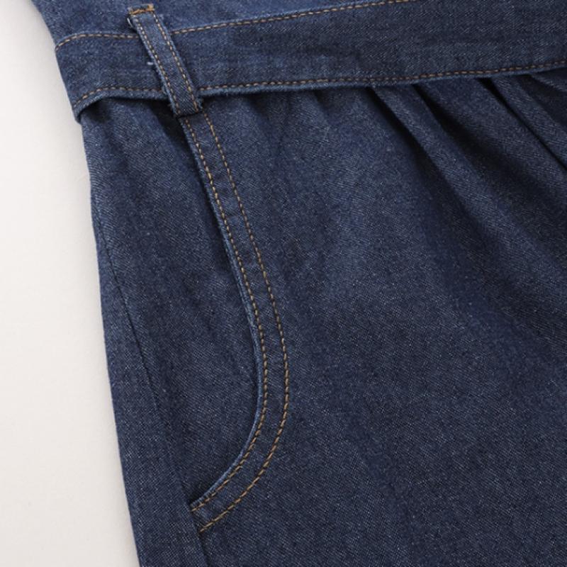 Shop Women Ripple Collar Neck Button Open Belted Denim Long Sleeve Long Dress