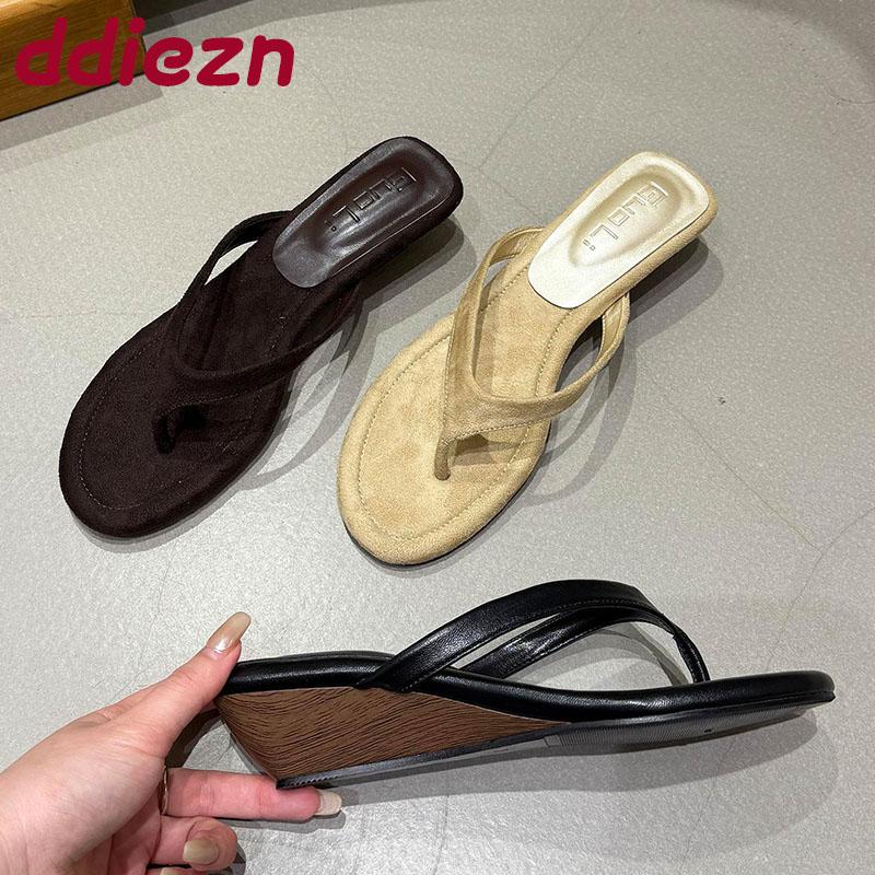 Fashion Fashion Flock Women Wedges Slippers Sandals Shoes Female Slides Spring Summer Round Toe Ladies Wedges Heeled Slippers Flip flops