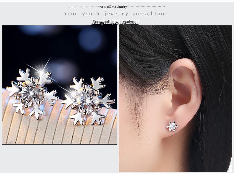 S925 Silver Korean Snowflake Zircon Stud Earrings for Women - Elegant, Simple Design, Ideal Christmas Gift.