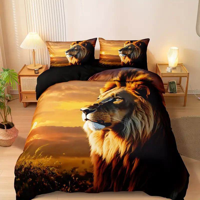 Lion Duvet Cover Set King Size Wild Animal Pattern Bedding Set Decorative Comforter Covers Wildlife Theme Quilt Cover For Teens