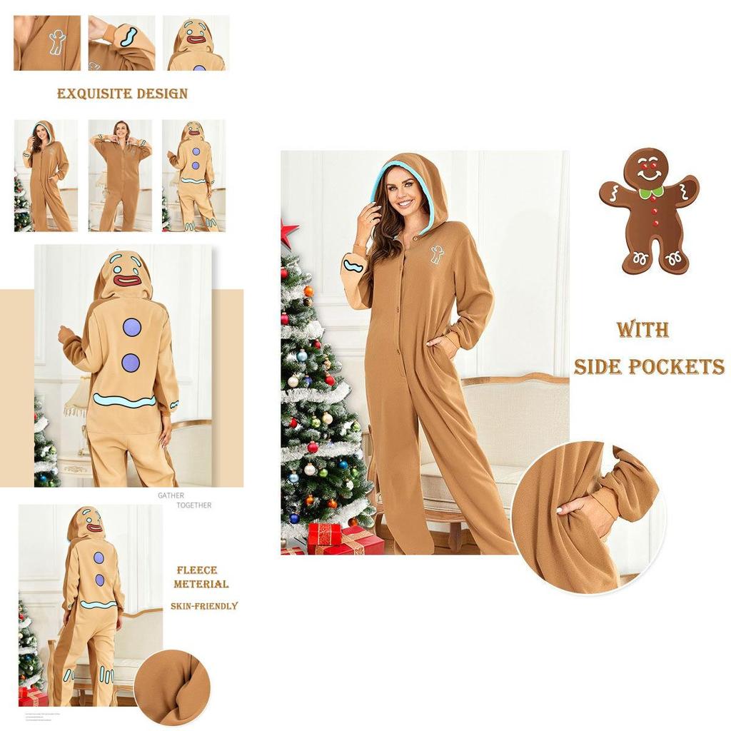 Gingerbread Man Hooded Pajamas Cosplay Costume For Women Boys Girls Xmas