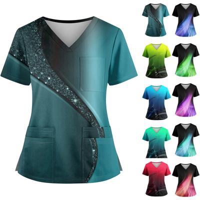 Plus SizeDrukowane Scrub Work Uniform Tops Dla Kobiet Krzyż V-Neck Halloween Nadruk Krótki Rękaw Zabawne Koszulki Robocze T-shirt Z Kieszeniami