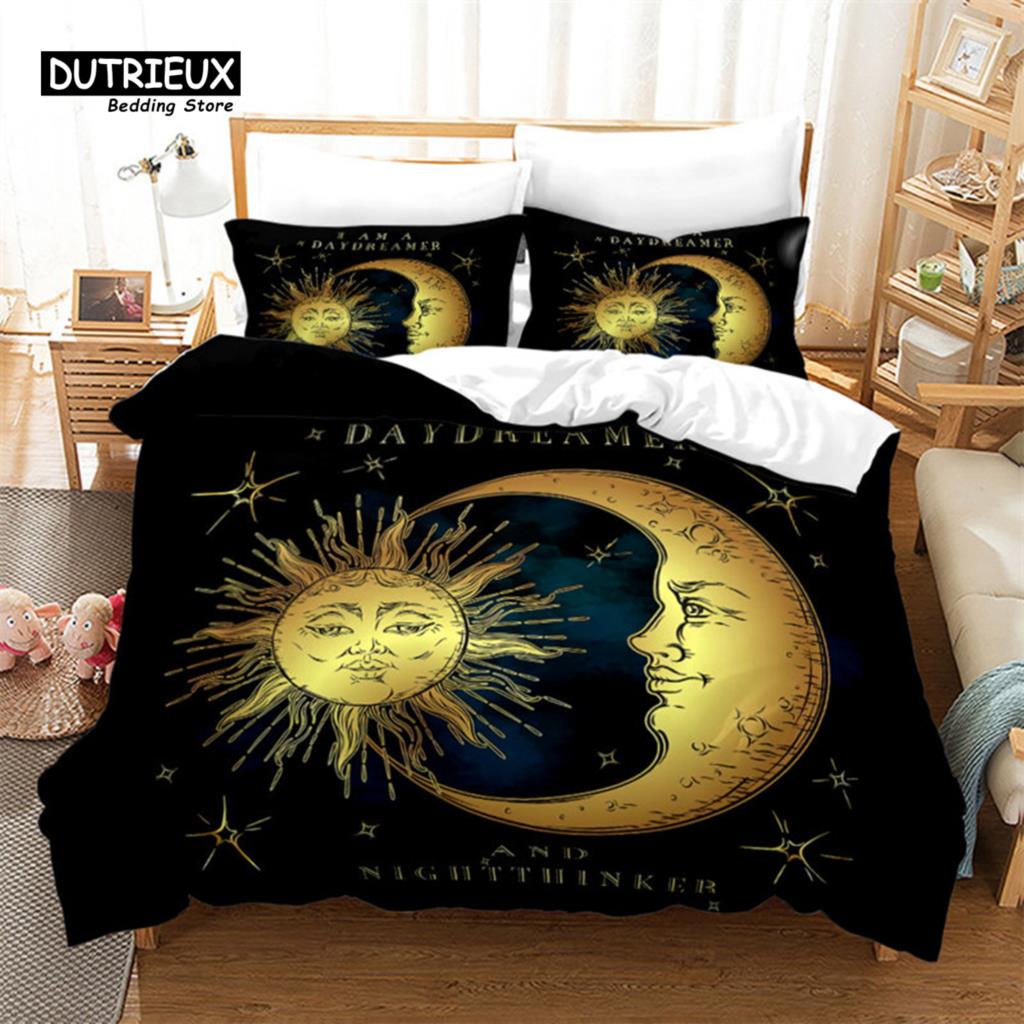 Sun And Moon Duvet Cover Exotic Galaxy Stars Bedding Set Microfiber Astrology Comforter Cover Queen For Kids Boys Teens Bedroom
