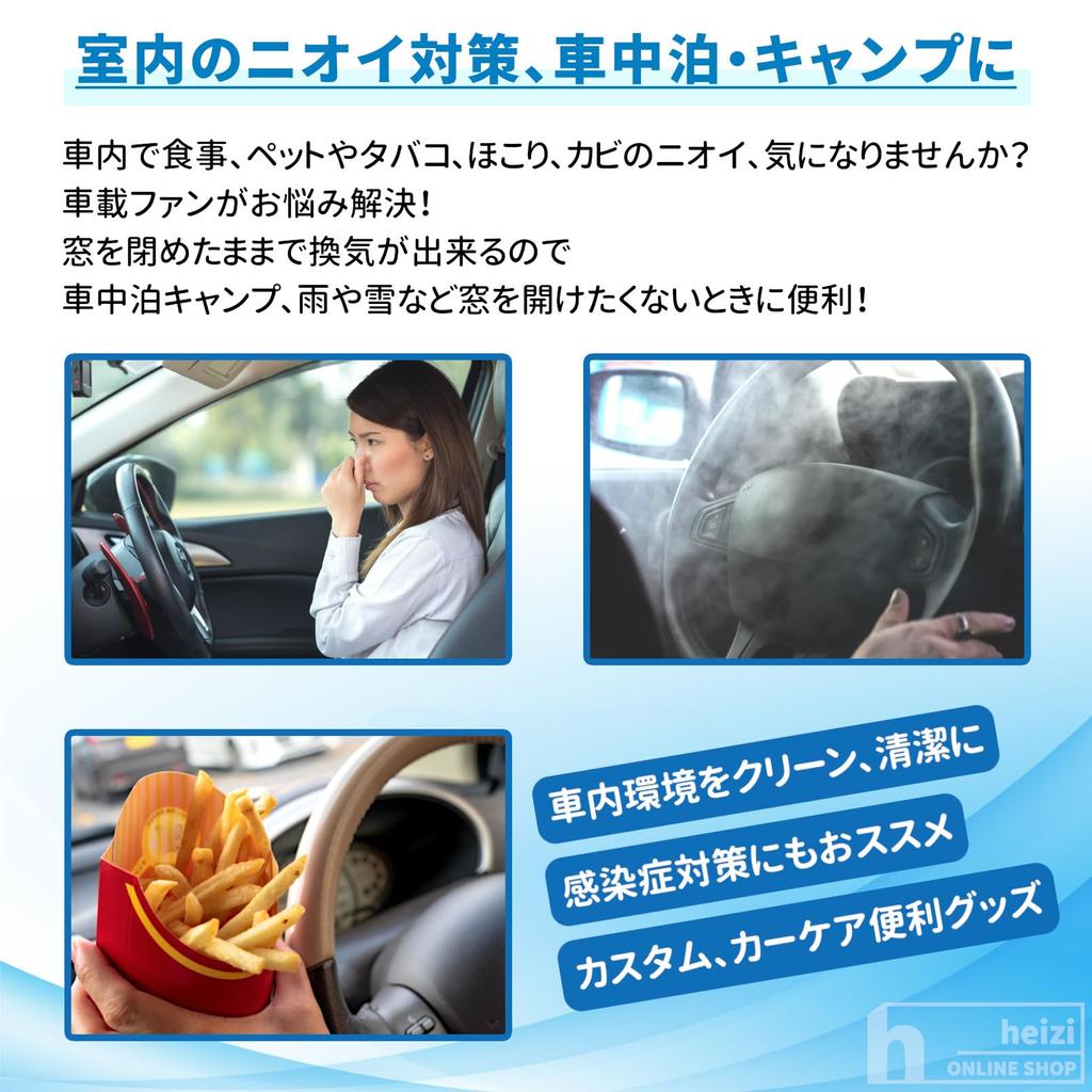 Heizi Car Ventilation USB for Car Cigarette Interior Window Frame Fan, Powered, Camping, Exhaust, Ventilation, (22cm Wide, White)