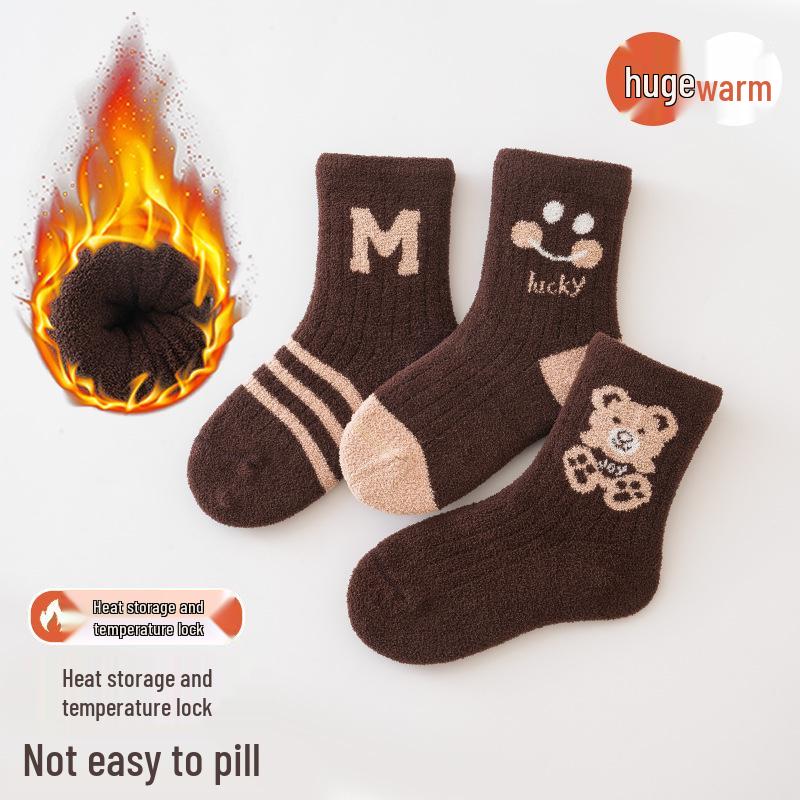 3-Pack Children's Cocoa Cat Terry Socks: Thickened, Warm Winter Mid-Calf for Boys & Girls