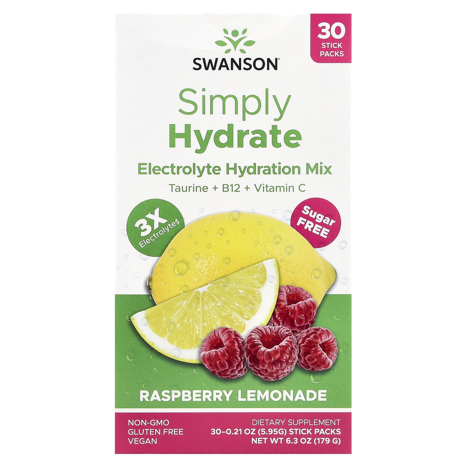 

Swanson, Simply Hydrate, Електролітний гідратаційний мікс, Малиновий лимонад, 30 стіків, 0,21 унції (5.95 г) Кожен