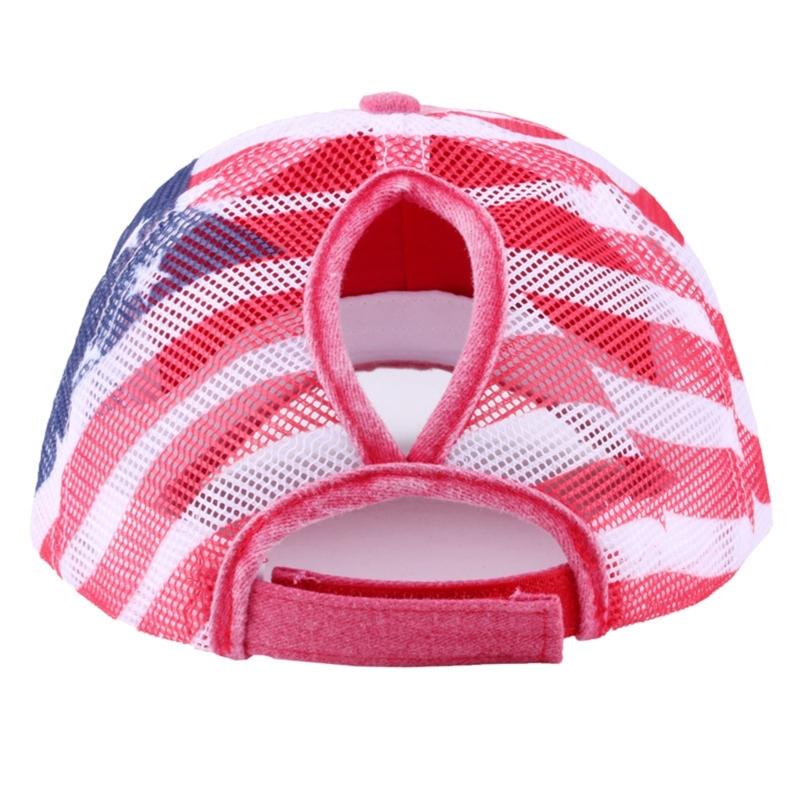 Distressed Wash Cotton Baseball Hat with Star Print Curved Brims Mesh Ponytail Sun Hat for Patriotic Women Teens Girl