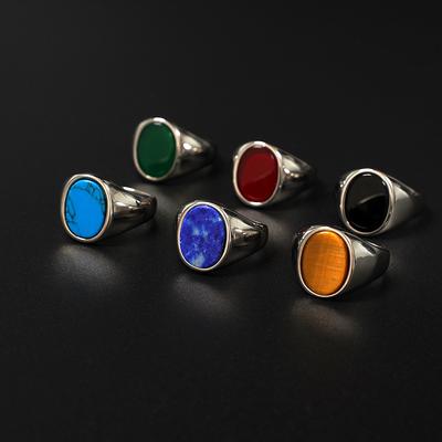 Vintage-Inspired Titanium Steel Ring with Natural Tiger Eye & Lapis Lazuli - Able Oval Stone Design Ring