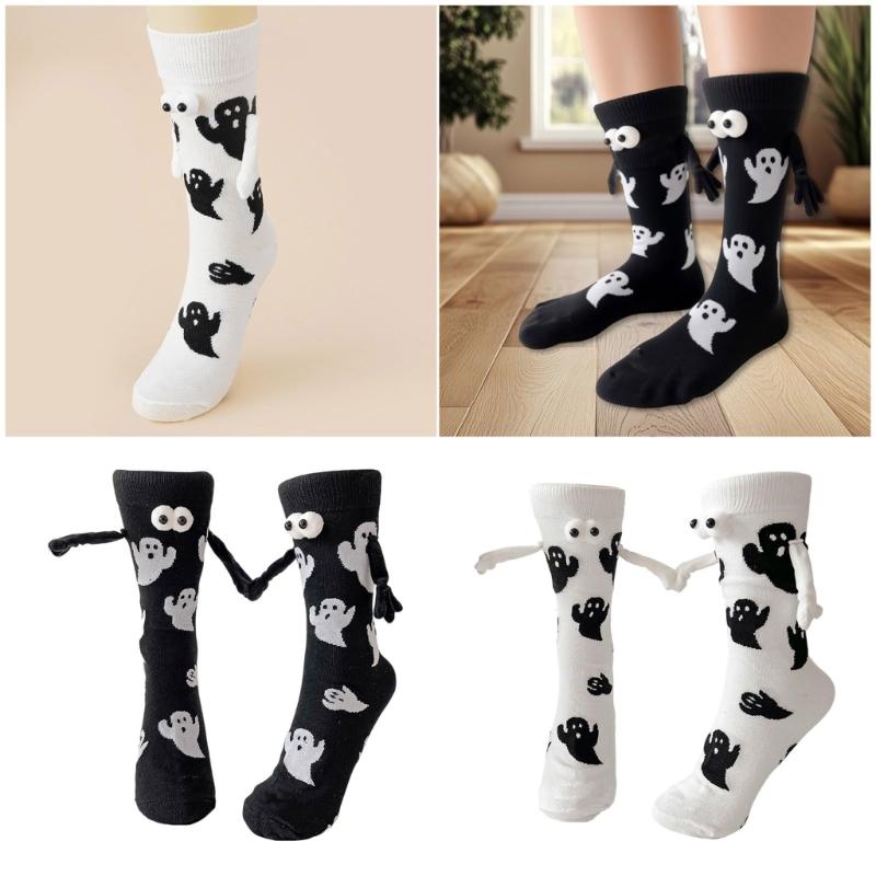 Halloween Themed Magnetic Link Socks Soft Unisex Short Socks With Ghosty Pumpkin Patterns Practical Polyester