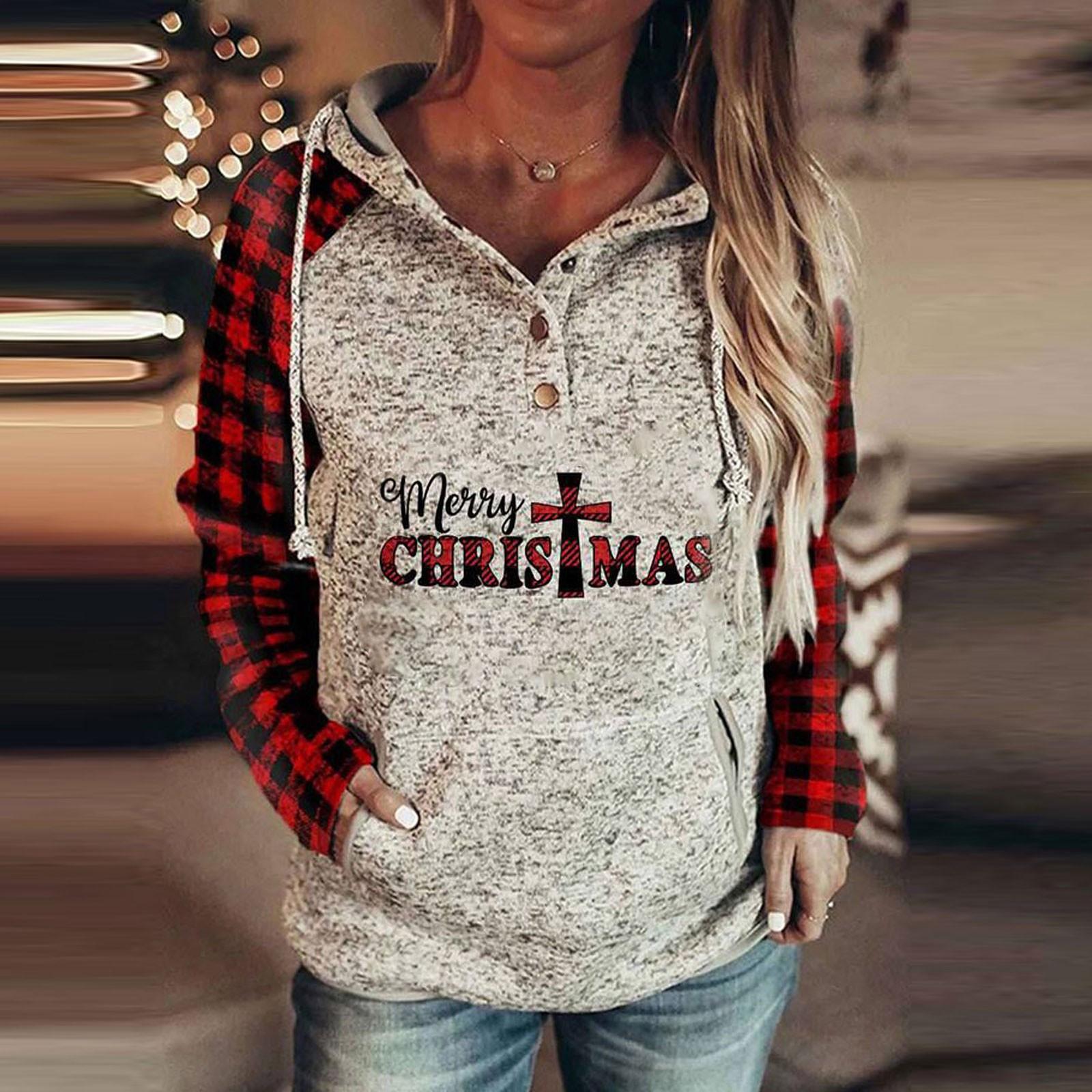 

Длинный рукав Рождественская толстовка для женщин Клетчатый реглан с капюшоном Топы Лоскутные рождественские пуловеры с капюшоном Топы M винный