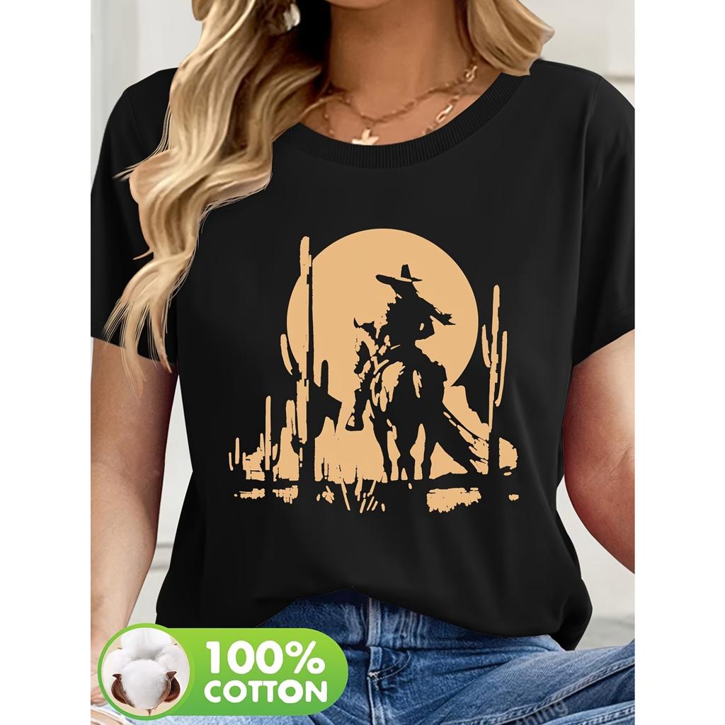 Cowboy Riding A Horse Pattern Printed Casual Round Neck Short Sleeve T-shirt Summer Women's West T-shirt