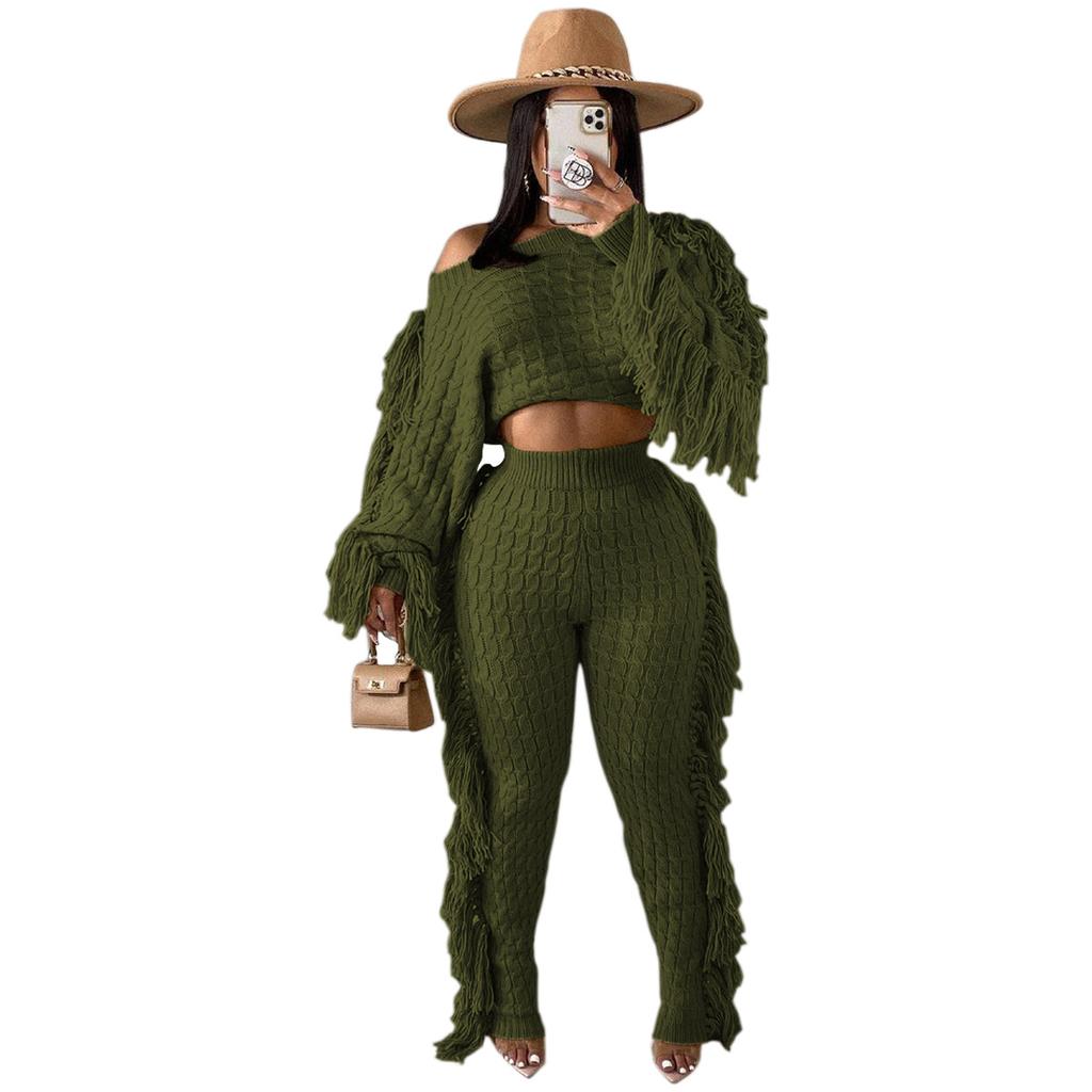 Women's Off Shoulder Long Sleeve Knit Two Piece Set Fringe Crop Top High Waist Wide Leg Pants Solid Geometric Knitted Tracksuit