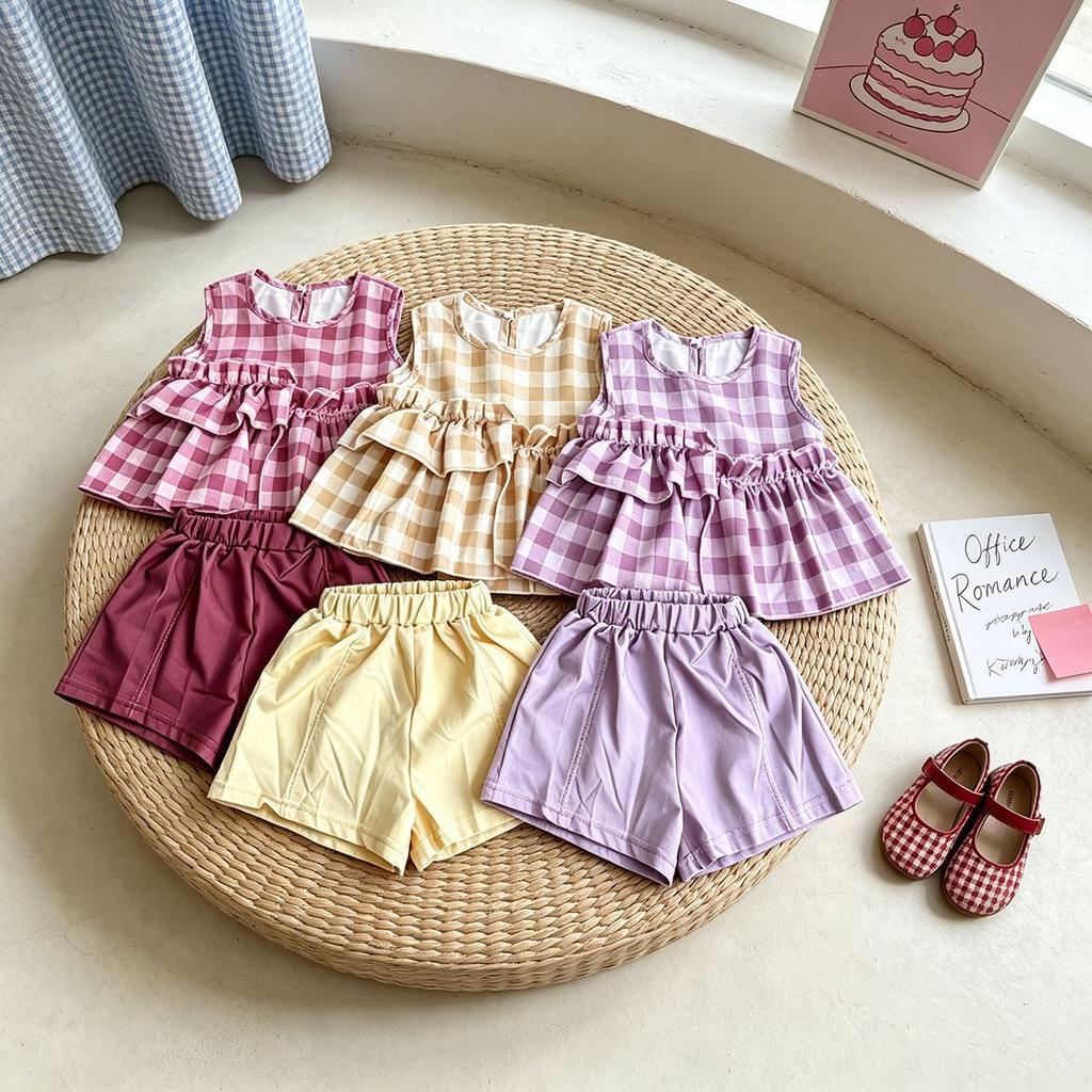 Girls Block Plaid Sleeveless Top And Shorts Set Stylish Two Piece Outfit For Baby Girls Summer Casual Wear