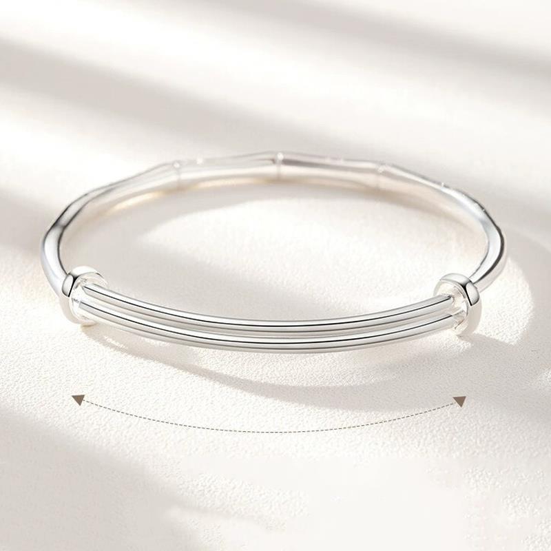 925 Silver Plated Bamboo Style Push-Pull Bangle Bracelet - Gift for Her