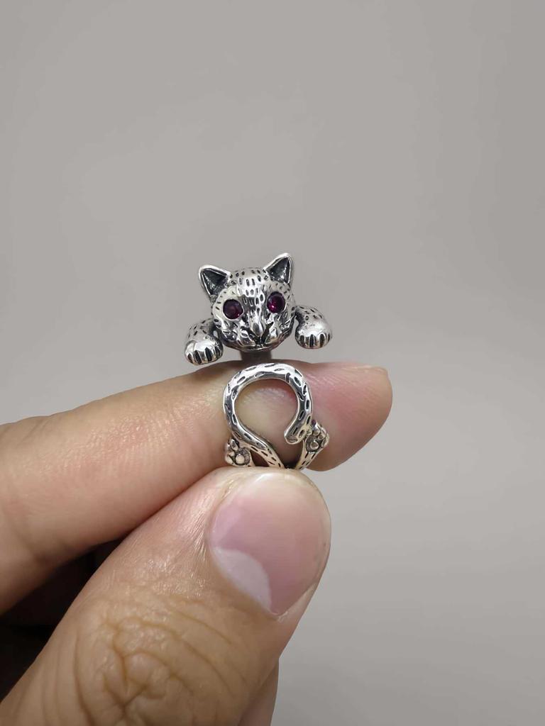 Gothic Exquisite Carving Ancient Silver Stainless Steel Snake Crown Cat Adjustable Opening Rings for Women Men Halloween Jewelry
